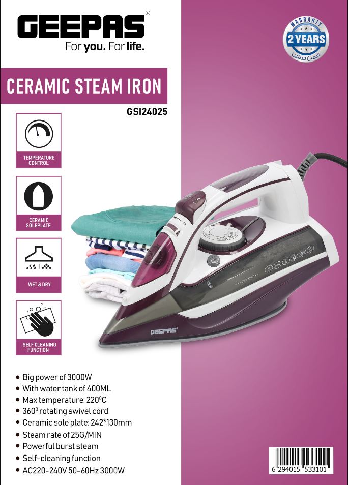 Ceramic Steam Iron/400 ml Tank/3000W-GEEPAS-MODEL-GSI24025