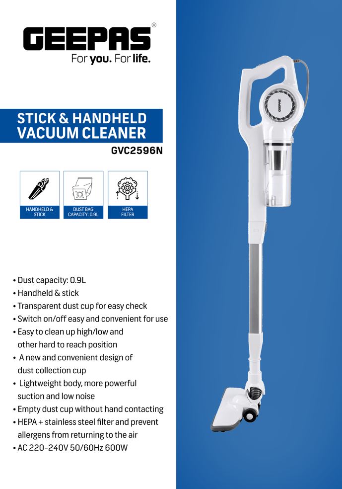 VACUUM CLEANER 600W STICK AND HANDHELD 2 IN 1 , 0.9L-GEEPAS-MODEL-GVC2596